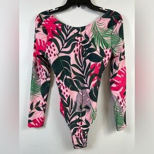 NWOT Pink Tropical Print Long Sleeved Rashguard Swimsuit, Sz. LG